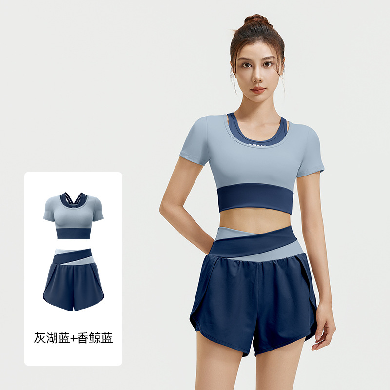 Juyi Tang nuevo color corto de verano deportivo fitness yoga falso dos piezas traje de yoga set de mangas cortas