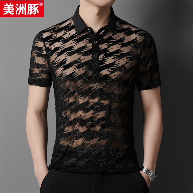 Hollow Transparent Summer Short-Sleeved T-Shirt Men's Lace Mesh New Casual Polo Shirt with Collar 2025 Middle-Aged Men