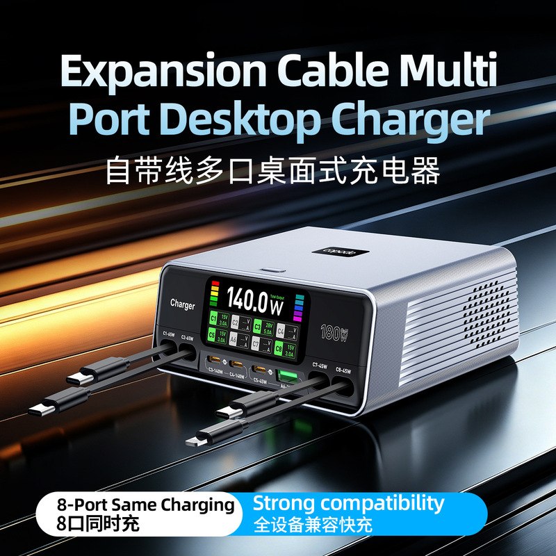 New Smart Screen Display Gallium Nitride Four-Line Retractable Cable Fast Charging Multi-Port Universal Laptop and Mobile Phone Desktop Charging Station