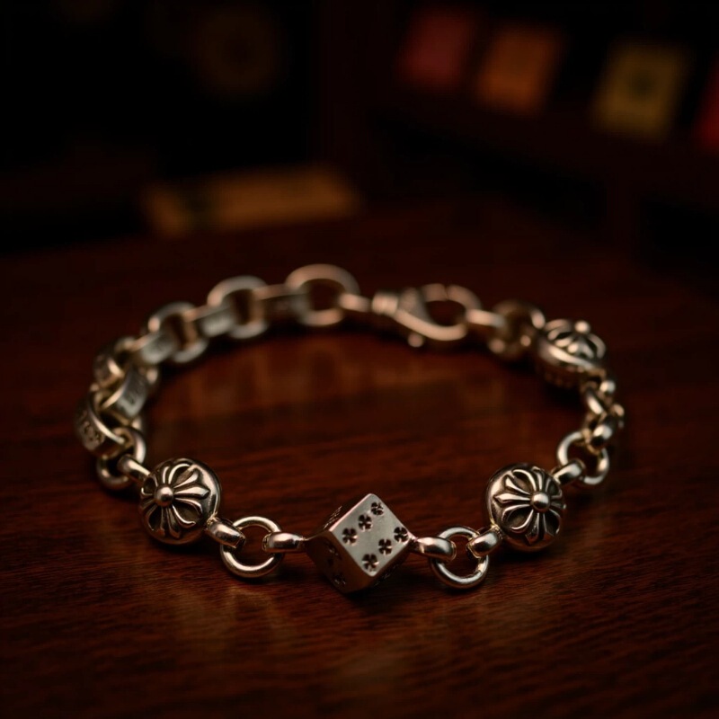 Retro Silver Personalized Letter Bracelet for Men and Women, Retro Thai Silver Chain Cross Dice Cross Chain Bracelet for Couples