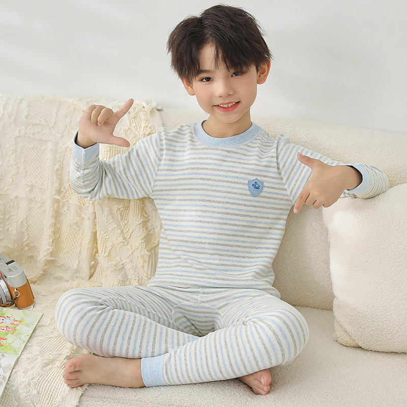 자연 색상 코튼 블루 스트라이프 라운드 넥