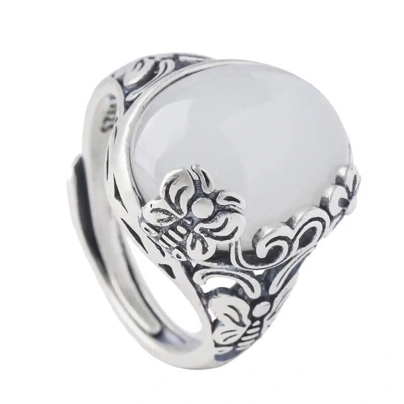 Vintage Silver Butterfly Flower Ring For Women Adjustable Jade_voghion.com