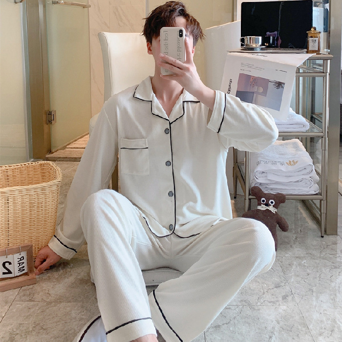 Pijama masculino primavera / otoño / invierno manga larga estilo coreano simple waffle juventud de mediana edad suelta hombre conjunto de ropa de hogar