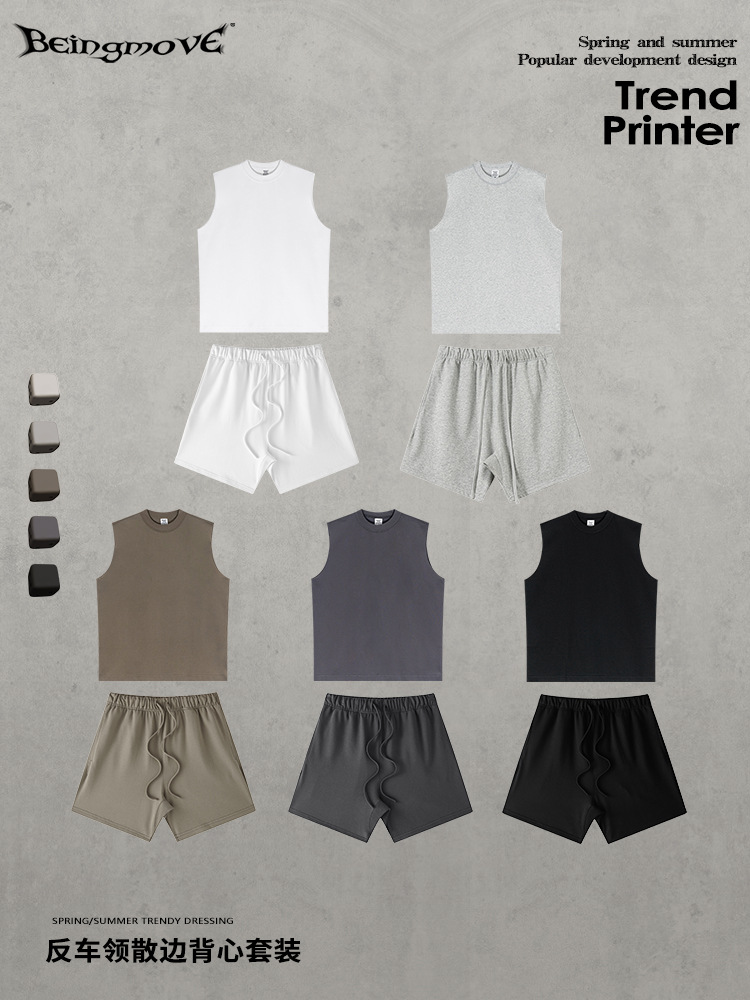 2025 verano marca de moda estadounidense industria pesada cuello anti-coche lado suelto chaleco de chaleco suelto pantalones cortos deportivos sueltos traje hombre