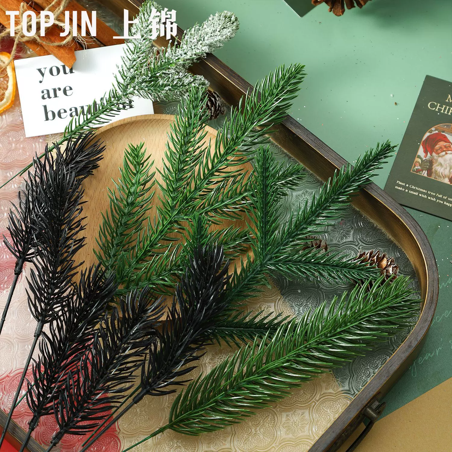 批发圣诞装饰花环仿真松枝三叉松针枝圣诞节礼品包装花艺diy配件