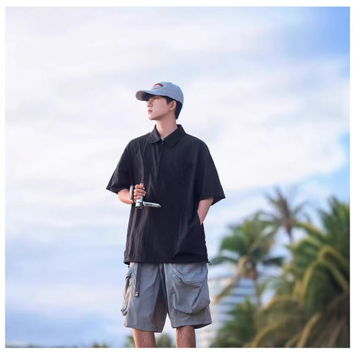 Half-zip short-sleeve shirt for men, summer trendy brand, fashionable punk cool, Japanese workwear half-sleeve casual turnover collar Polo shirt