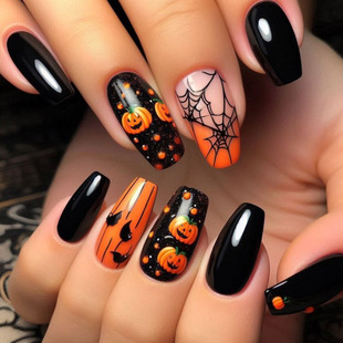 European and American Halloween Wear Nails Ballet Black Orange Gradient Spider Web Pumpkin Head Pattern Fake Nails Nail
