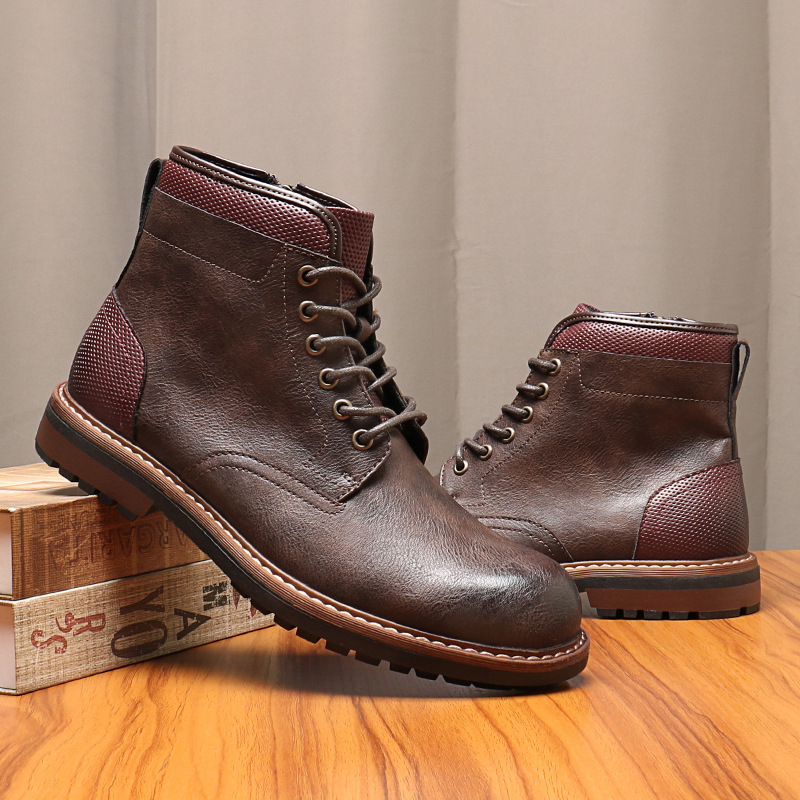 Men's lace-up boots British style retro side zip ankle boots_voghion.com