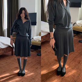 现 2026春季新款韩国东大门baby酱长袖针织衫+百褶裙套装