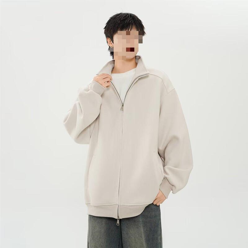 潮牌重磅立领开衫卫衣男春秋季美式夹克上衣纯色运动拉链休闲外套|undefined
