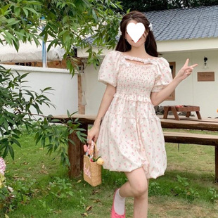 Summer Pleated Bubble Short-sleeved Skirt Gentle Style Floral dress Women