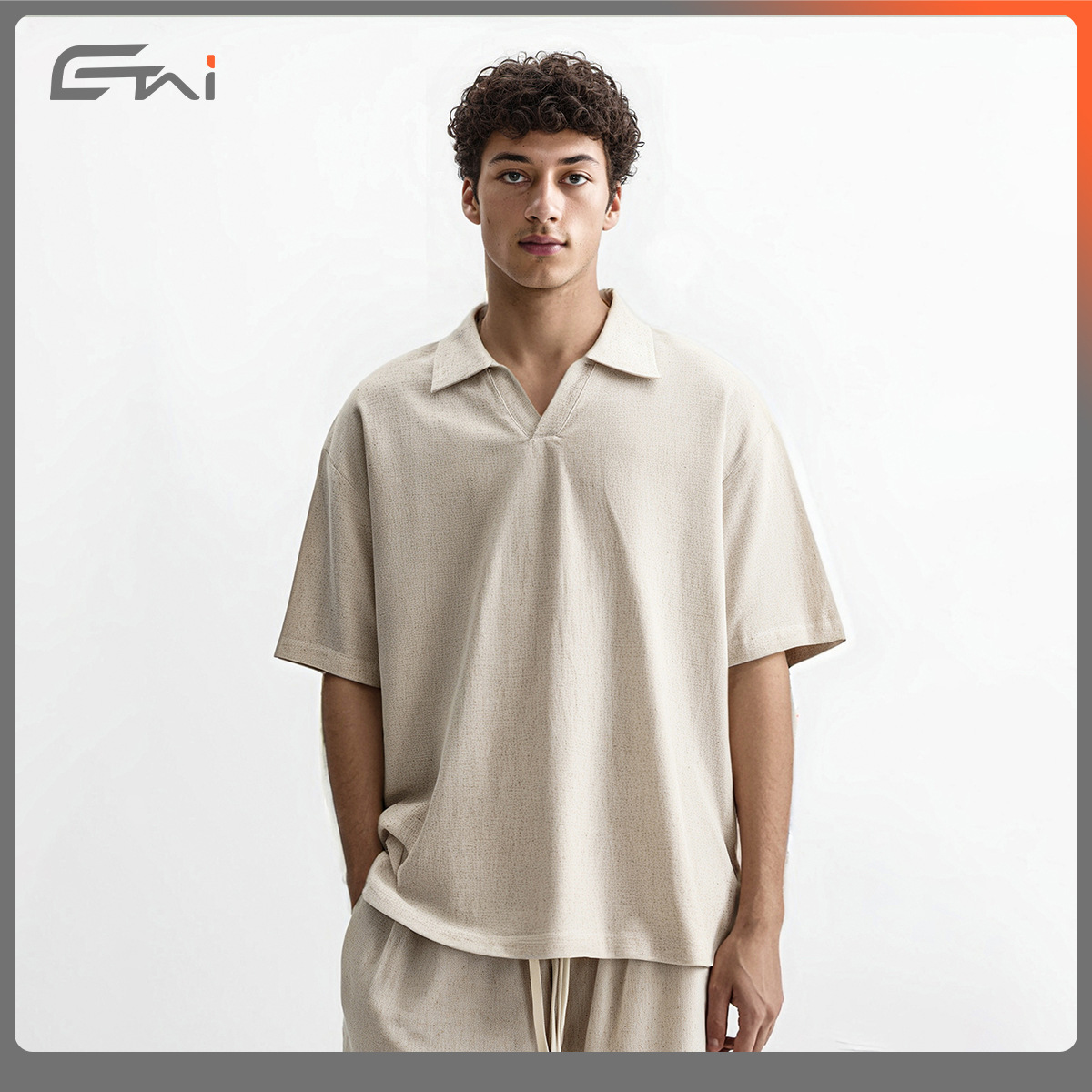 ETAI Hombre| Marca de marea transfronteriza polo con solapa suelta camiseta de lino y algodón de color sólido casual de cuello en V hombre mangas cortas image 5