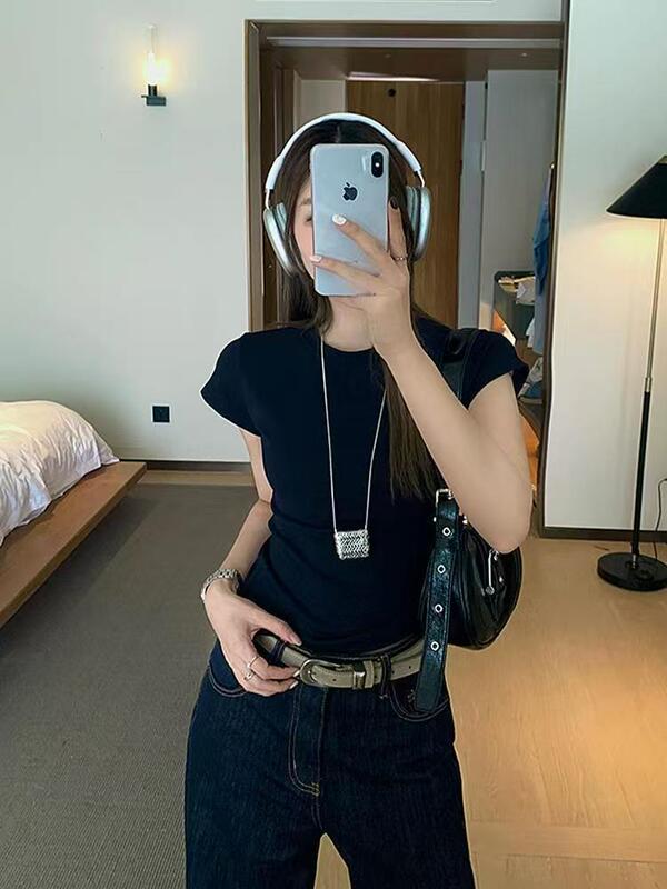 跨境东南亚短款露脐短袖T恤女2025夏季新款辣妹白色打底女装上衣|undefined
