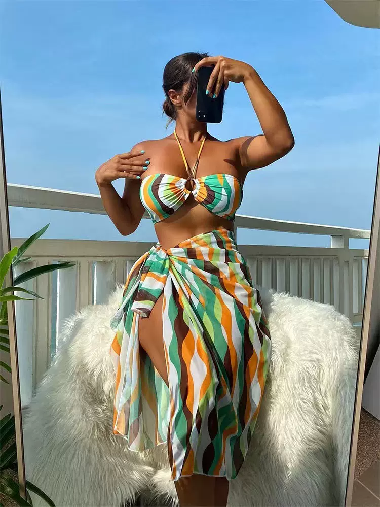 2023新款欧美性感抹胸露背三件套女式泳装外贸分体泳衣比基尼套装
