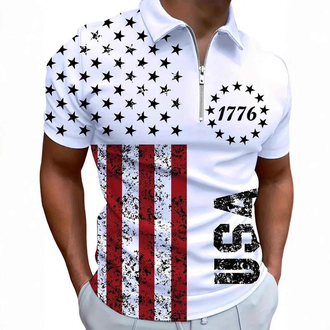 Paño de malla de alta calidad transpirable suelta manga corta solapa cremallera POLO camisa clásica bandera de EE. UU. Impresión digital 3D