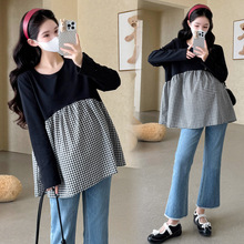 现货2025秋季孕妇圆领T恤休闲甜美格子拼接娃娃衫孕妇上衣