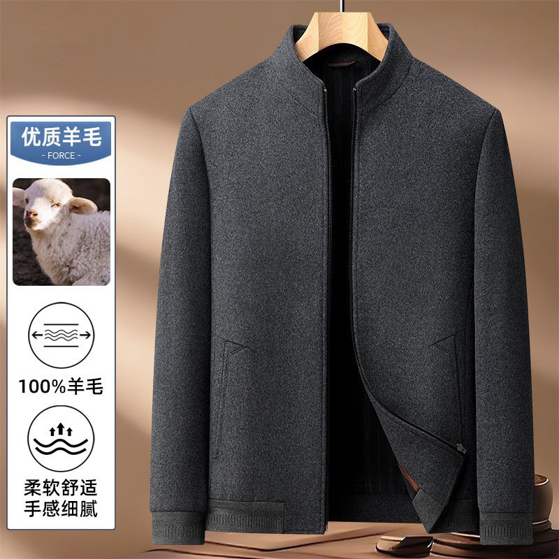Autumn and Winter New Men's 100% Wool Jacket, Middle-Aged Business Dad Style, Stand Collar, Zippered Wool Coat