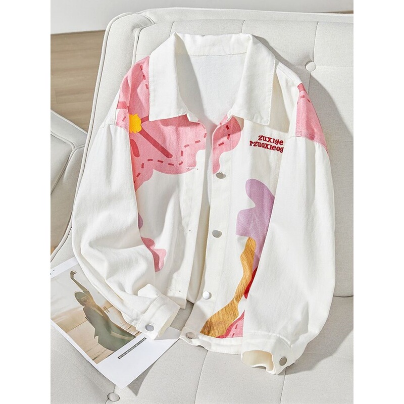 Hong Kong Style Design Niche Flower Denim Jacket for Women 2025 Spring and Autum New Harajuku Style Casual Loose Jacket
