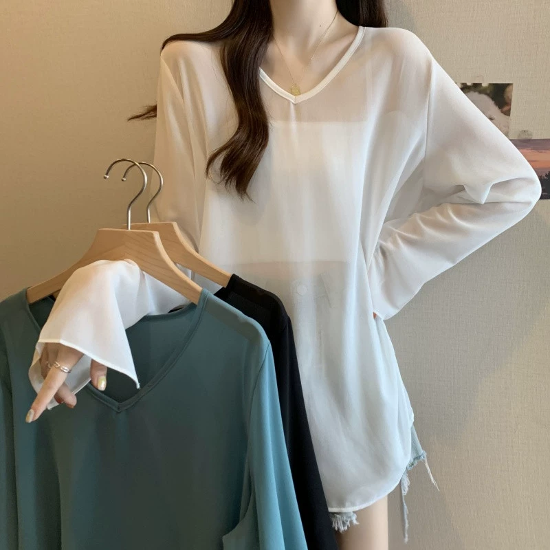 YS8 топ с V-образным вырезом и боковыми рукавами для полных девушек, слегка прозрачная рубашка с защитой от солнца, топ с длинными рукавами