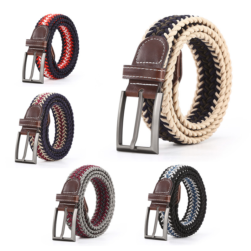Cinturón elástico trenzado unisex de poliéster con diseño de espiga, hebilla sin perforaciones, versátil._voghion.com