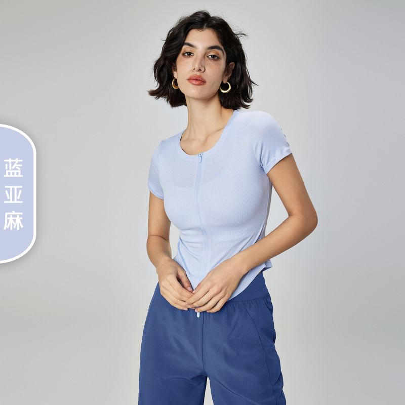 モーダル裸感修身スポーツtシャツ女性丸首ファスナーヨガ服カジュアル小蛮腰フィットネス半袖夏|undefined