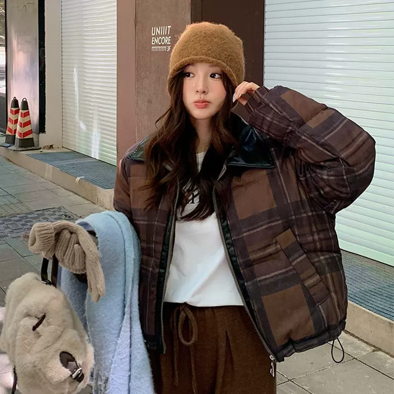 E5917格子冬季新款女短款棉服韩版宽松立领加厚面包服棉衣外套潮