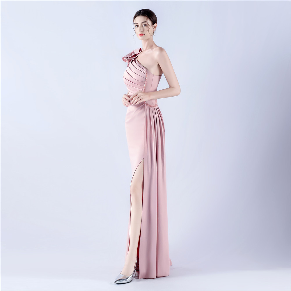 Women Clothing Heavy Industry Beads Handmade Artistic Floral Pleated Craft Satin off the Shoulder High Fork Evening Dress