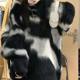 韩版新款上衣春秋季黑白毛衣女秋冬复古慵懒风设计感小众外套