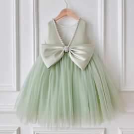 洋气牛油果绿蓬蓬裙女童礼服露背公主裙生日裙花童表演主持演出春