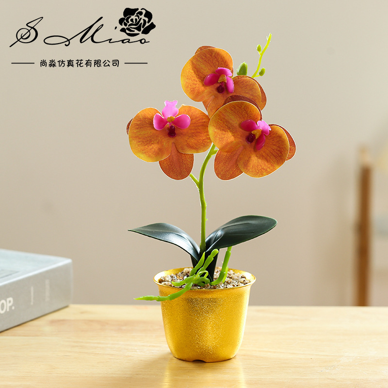 Orquídea de mariposa de tres cabezas de flores falsas bonsai estilo nórdico decoración interior flores artificiales imitación de maceta image 10