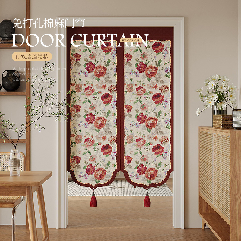 Red Cotton and Linen Door Curtain Bedroom Room Home Tea Room Anti-Peep Partition Curtain Block Curtain Bathroom Punch-Free Curtain