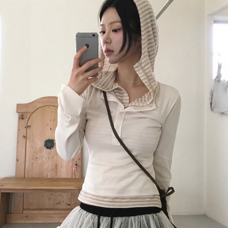 2025 女性の夏無地ボタン襟偽ツーピースフード付きスリム Tシャツストリートファッションヨーロッパとアメリカのクロスボーダー服|undefined