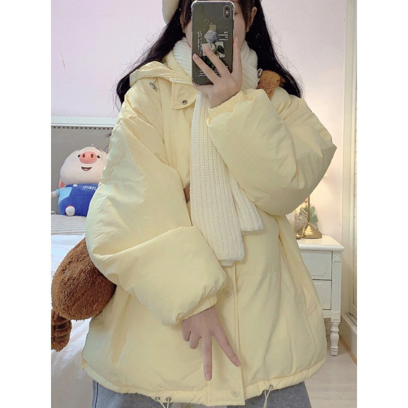 奶黄色棉服女2024年冬季宽松韩版设计感小众学生连帽加厚棉衣外套