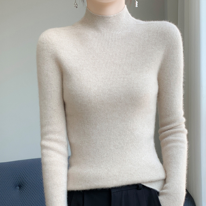 Women's semi-high collar base layer for pairing with coats, autumn and winter long-sleeve pullover knit sweater, new versatile slim-fit sweater
