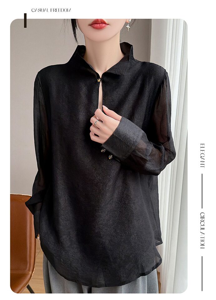 Áo sơ mi nữ cổ đứng tay dài vải Tencel mỏng nhẹ kiểu chui đầu — Màu hồng, Màu trắng, màu đen chi tiết 22