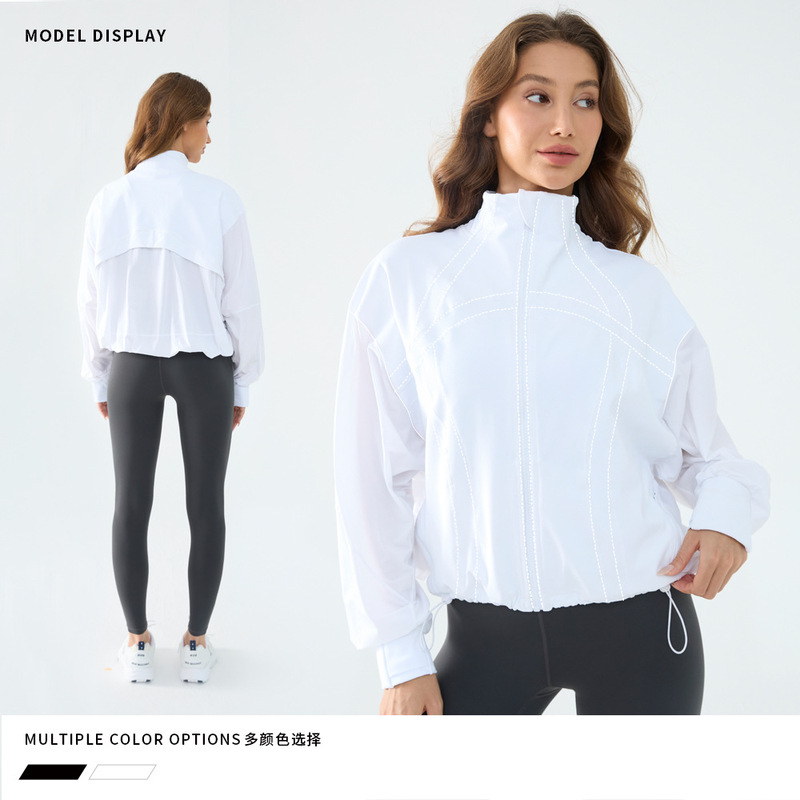 Autumn Thin Stand Collar Jacket Women's Hem Drawstring Batwing Sleeve Loose All-Match Outdoor Sports Windbreaker Yoga Jacket