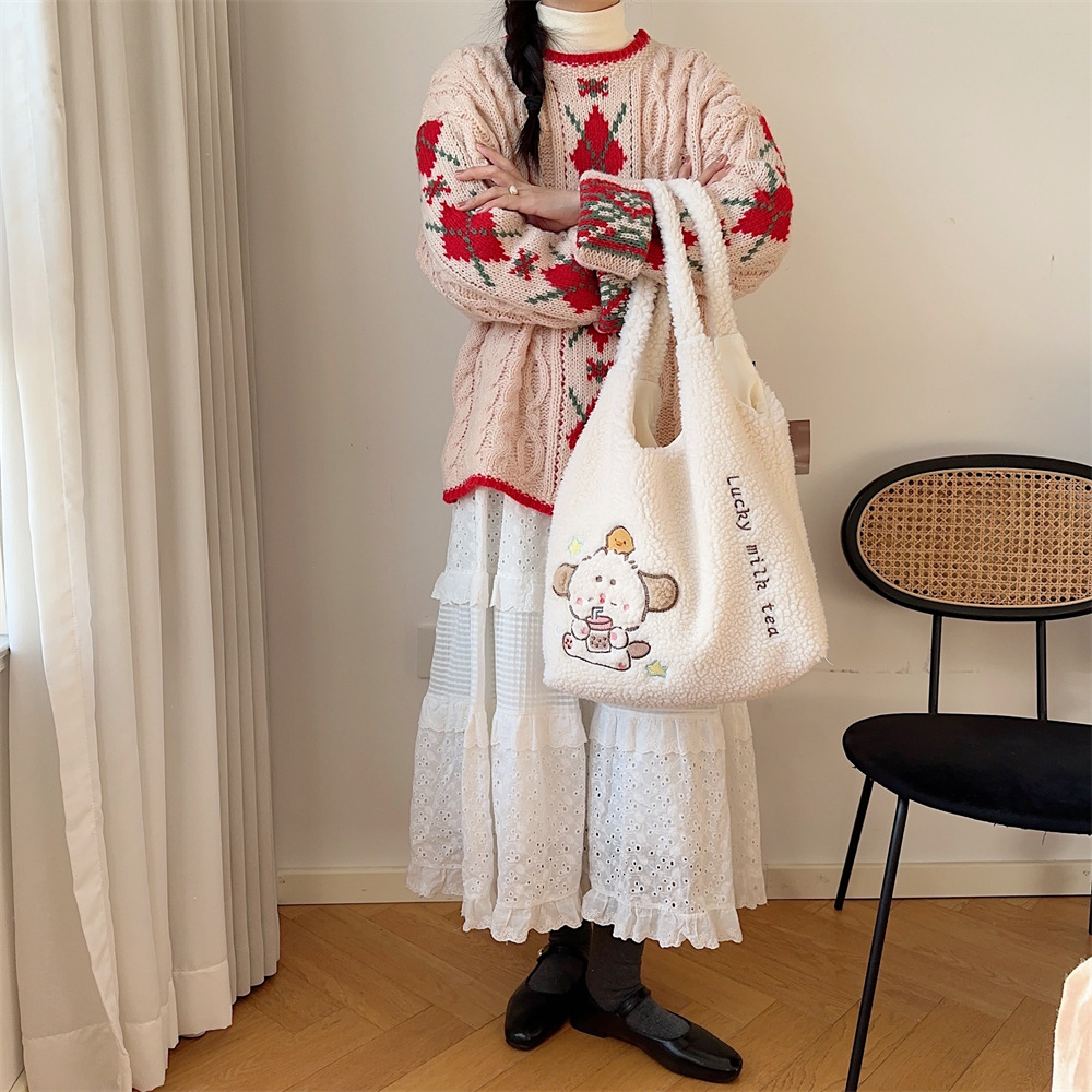 312201 Korean version ins Autumn/Winter Collection, fluffy single-shoulder bag, cute female dog embroidered large capacity tote bag undefined