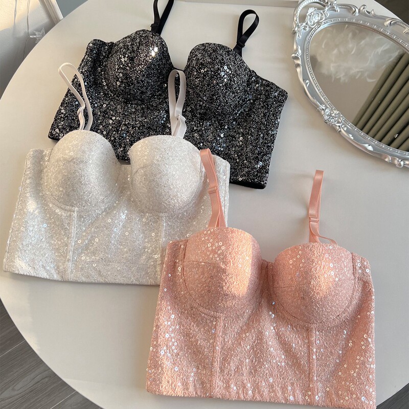 Sexy Tube Top Corset with Pearlescent Sequins, Versatile Outerwear, Strapless Bustier, Push-Up, Tight-Fitting, Tummy Control Bra