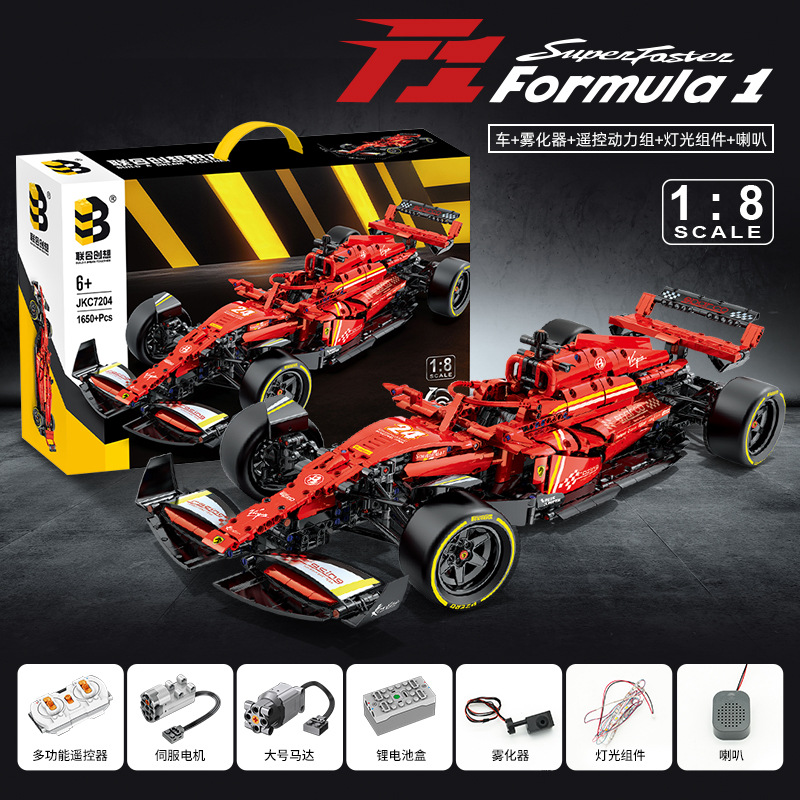Bloques de Construcción de Alta Dificultad, Coche de Carreras de Fórmula 1 Ferrari, Escala 1:8, con Efecto de Sonido de Llama Trasera Mejorado
