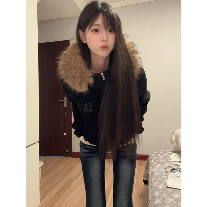 美式高街毛领连帽卫衣女装春秋季2025新款韩系慵懒风短款开衫外套|undefined