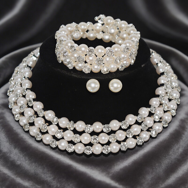 Cross-Border European and American Style Full Rhinestone Multi-Row Choker Bridal Crystal Necklace Earrings Bracelet Three-Piece Set Diamond-Studded Choker for Women Cross-Border European and American Style Full Rhinestone Multi-Row Choker Bridal Crystal Necklace Earrings Bracelet Three-Piece Set Diamond-Studded Choker for Women