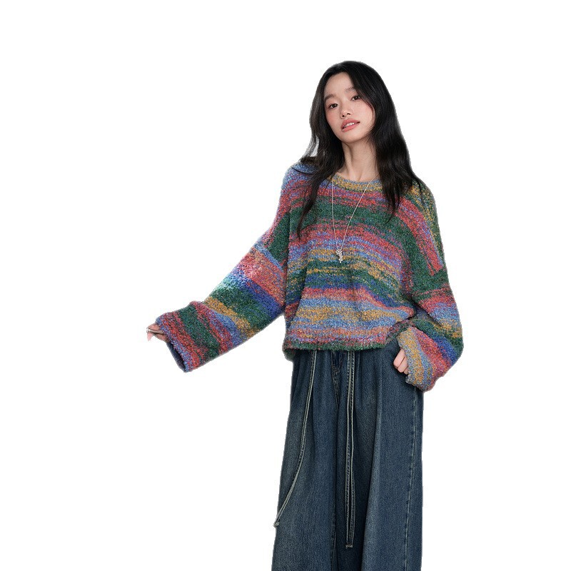 阔色彩色毛衣宽松圆领针织衫2025秋冬季多巴胺新款女气质长袖上衣|undefined