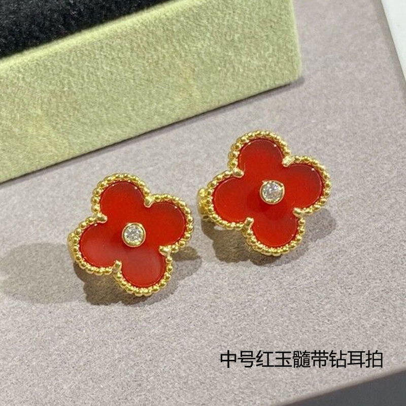 梵家高版本925银四叶草耳钉女18k玫瑰金耳环气质玛瑙纯银节日礼物|undefined