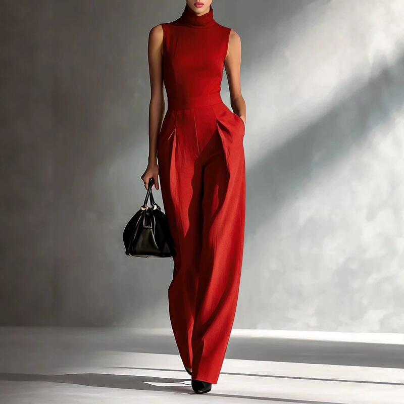 Ready-to-ship, European and American style sleeveless high-neck wide-leg jumpsuit for women, slim fit, waist-cinching, cotton-linen texture, suitable for work and casual wear, long length Ready-to-ship, European and American style sleeveless high-neck wide-leg jumpsuit for women, slim fit, waist-cinching, cotton-linen texture, suitable for work and casual wear, long length