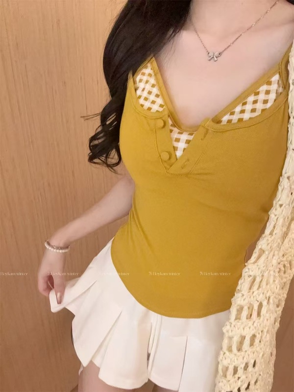 ドーパミンイエローチェック柄クロスホットガールレース美しいバックキャミソール女性の夏の刺繍文字レーヨン偽ツーピース|undefined