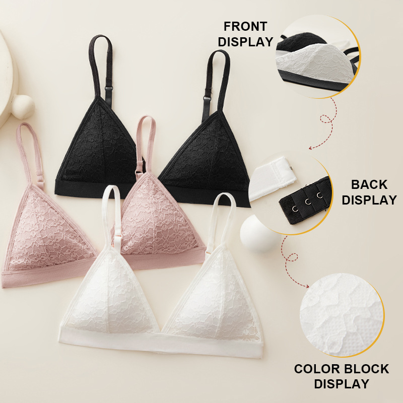 Copa triangular de encaje francés ropa interior mujer amazona pequeña copa delgada reunida ropa interior sin anillo de acero bra bra al por mayor image 3