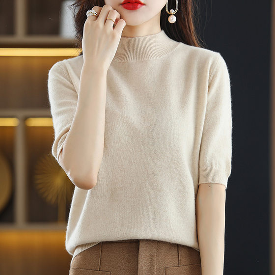 Spring and Summer loose half turtleneck half sleeve sweater women's plus size round neck solid color bottoming shirt knitted T-shirt thin