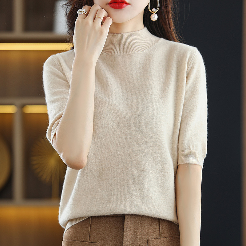 Spring and Summer Loose Half-High Collar Mid-Sleeve Knit Top for Women, Plus Size Solid Color Base Shirt, Thin Autumn Knit T-Shirt with Five-Quarter Sleeves Spring and Summer Loose Half-High Collar Mid-Sleeve Knit Top for Women, Plus Size Solid Color Base Shirt, Thin Autumn Knit T-Shirt with Five-Quarter Sleeves