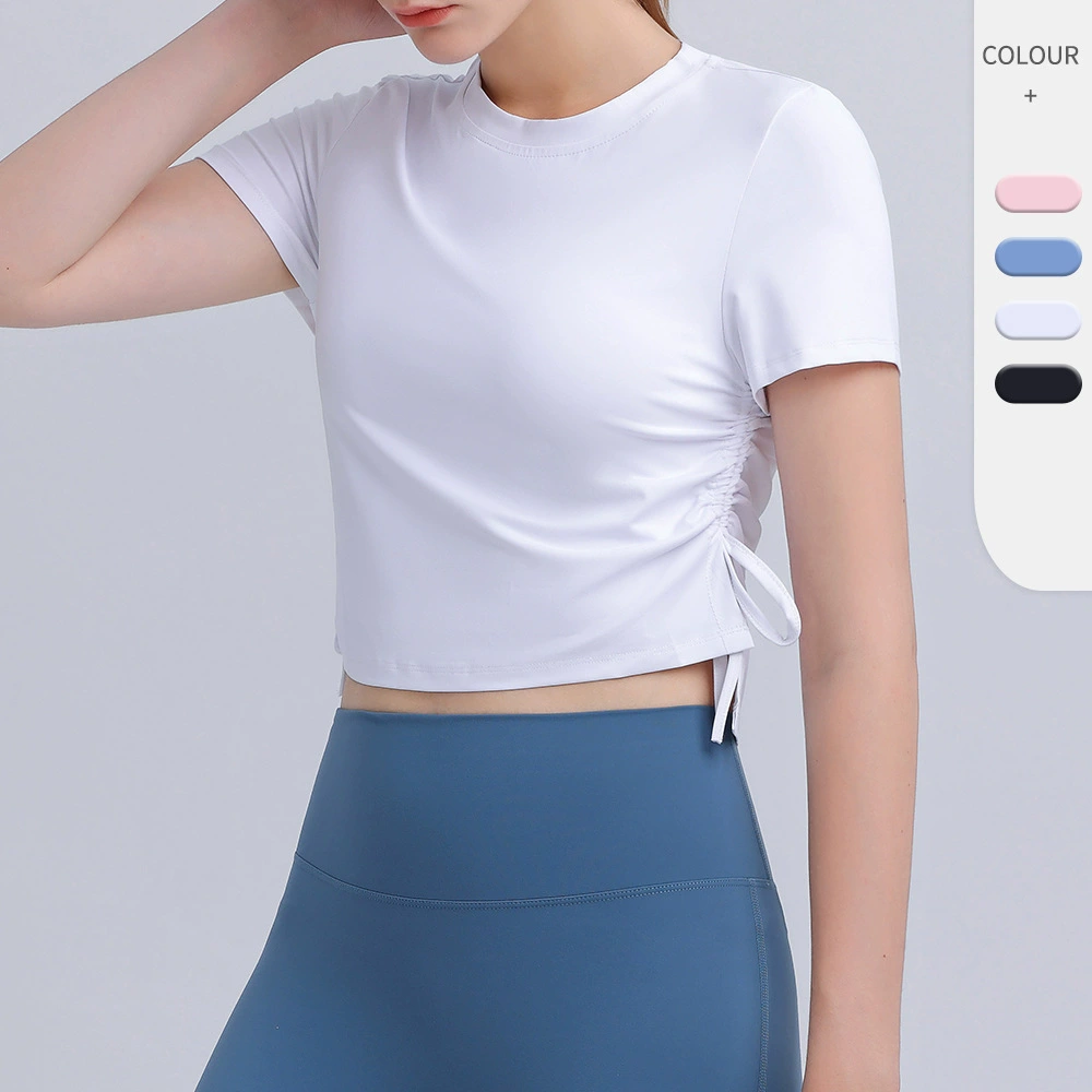 Весенне-летний женский укороченный топ для йоги с короткими рукавами, быстросохнущий, дышащий, регулируемый шнурком, для фитнеса, бега, с короткими рукавами JY1278