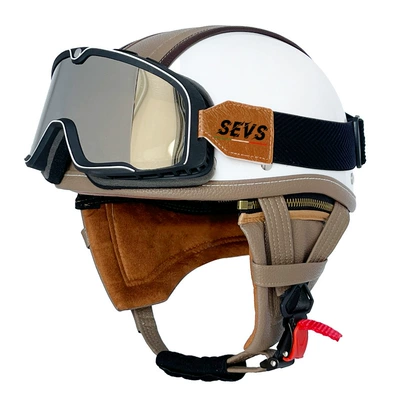 Motosiklet kaskı (dəbilqə) — Retro Half Helmet Men's and Women's - bright-white-coffee-leather-large-frame-goggles-s